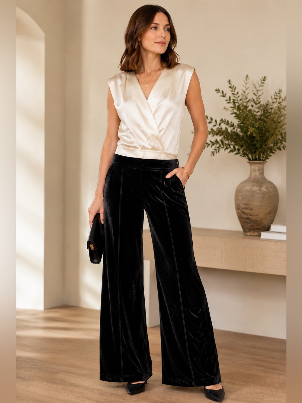 Cache Black Velvet Wide Leg Pants 14 Stretch Pull On Elastic Waist 29” Inseam